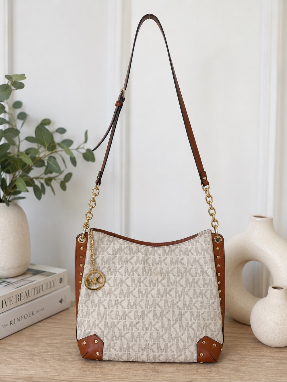 Michael Kors Cream MK Logo Shoulder Bag with Brown Trim
